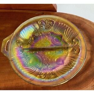 Indiana Glass Killarney Marigold Carnival Glass Divided Relish Dish Tab Handle
